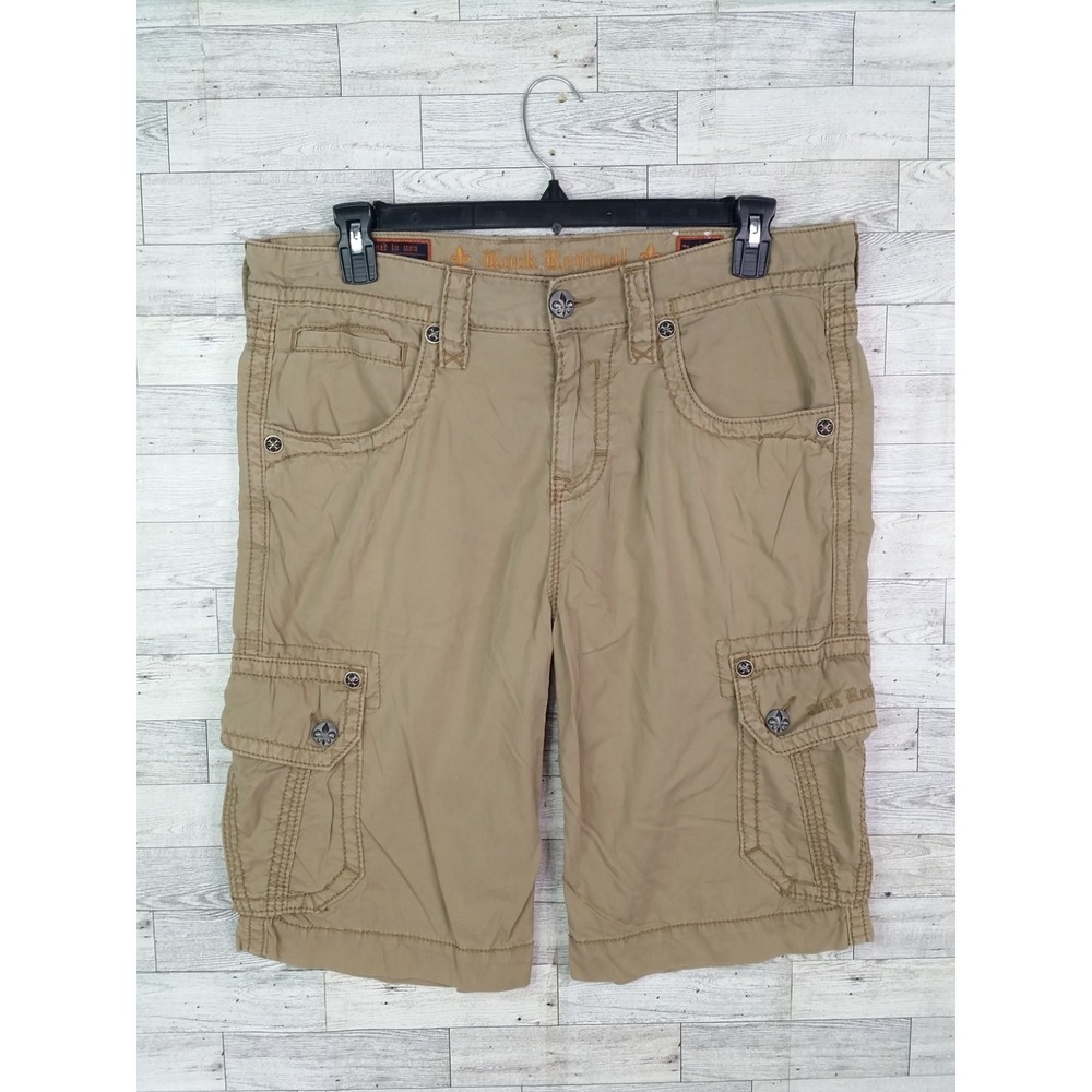 Rock Revival Khaki Embroidered Classic Men's Cargo Short Shorts Size 34/24 Y2K